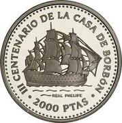 Spain 2000 Pesetas Fernando VI 1997 Proof KM# 1026 III CENTENARIO DE LA CASA DE BORBON REAL PHELIPE 2000 PTAS coin reverse Spain 2000 Pesetas Fernando VI 1997 Proof KM# 1026 III CENTENARIO DE LA CASA DE BORBON REAL PHELIPE 2000 PTAS coin reverse