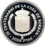 Spain 2000 Pesetas Luis I 1997 Proof KM# 1025 III CENTENARIO DE LA CASA DE BORBON 2000 PTAS coin reverse Spain 2000 Pesetas Luis I 1997 Proof KM# 1025 III CENTENARIO DE LA CASA DE BORBON 2000 PTAS coin reverse