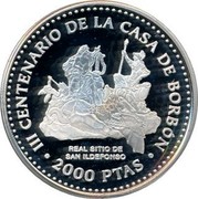 Spain 2000 Pesetas Felipe V 1997 Proof KM# 1024 III CENTENARIO DE LA CASA DE BORBON REAL SITIO DE SAN ILDEFONSO 2000 PTAS coin reverse Spain 2000 Pesetas Felipe V 1997 Proof KM# 1024 III CENTENARIO DE LA CASA DE BORBON REAL SITIO DE SAN ILDEFONSO 2000 PTAS coin reverse