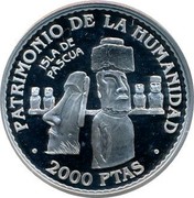 Spain 2000 Pesetas Easter Island 1997 Proof KM# 1019 PATRIMONIO DE LA HUMANIDAD ISLA DE PASCUA 2000 PTAS coin reverse Spain 2000 Pesetas Easter Island 1997 Proof KM# 1019 PATRIMONIO DE LA HUMANIDAD ISLA DE PASCUA 2000 PTAS coin reverse