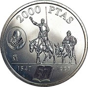 Spain 2000 Pesetas Don Quixote 1997 KM# 999 2000 PTAS 1547 1997 coin reverse Spain 2000 Pesetas Don Quixote 1997 KM# 999 2000 PTAS 1547 1997 coin reverse