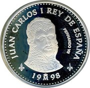Spain 2000 Pesetas Fernando VII 1998 Proof KM# 1036 JUAN CARLOS I REY DE ESPAÑA FERNANDO VII 19M98 coin obverse Spain 2000 Pesetas Fernando VII 1998 Proof KM# 1036 JUAN CARLOS I REY DE ESPAÑA FERNANDO VII 19M98 coin obverse