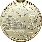 Spain 2000 Pesetas 400th Death Anniversary of King Philip II 1998 KM# 987 FELIPE II 1598 1998 2000 PTAS coin reverse Spain 2000 Pesetas 400th Death Anniversary of King Philip II 1998 KM# 987 FELIPE II 1598 1998 2000 PTAS coin reverse