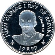 Spain 2000 Pesetas Alfonso XIII 1999 Proof KM# 1033 JUAN CARLOS I REY DE ESPAÑA ALFONSO XIII 19M99 coin obverse Spain 2000 Pesetas Alfonso XIII 1999 Proof KM# 1033 JUAN CARLOS I REY DE ESPAÑA ALFONSO XIII 19M99 coin obverse
