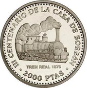 Spain 2000 Pesetas 300th Anniversary of the House of Bourbon - Alphonse XII 1999 Proof KM# 1031 III CENTENARIO DE LA CASA DE BORBON TREN REAL 1879 2000 PTAS coin reverse Spain 2000 Pesetas 300th Anniversary of the House of Bourbon - Alphonse XII 1999 Proof KM# 1031 III CENTENARIO DE LA CASA DE BORBON TREN REAL 1879 2000 PTAS coin reverse