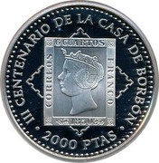 Spain 2000 Pesetas 300th Anniversary of the House of Bourbon - Isabel II 1999 Proof KM# 1030 III CENTENARIO DE LA CASA DE BORBON 2000 PTAS coin reverse Spain 2000 Pesetas 300th Anniversary of the House of Bourbon - Isabel II 1999 Proof KM# 1030 III CENTENARIO DE LA CASA DE BORBON 2000 PTAS coin reverse