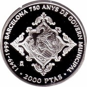 Spain 2000 Pesetas 750 Years of Barcelona City Government 1999 Proof KM# 1029 1249-1999 BARCELONA 750 ANYS DE GOVERN MUNICIPAL 2000 PTAS coin reverse Spain 2000 Pesetas 750 Years of Barcelona City Government 1999 Proof KM# 1029 1249-1999 BARCELONA 750 ANYS DE GOVERN MUNICIPAL 2000 PTAS coin reverse