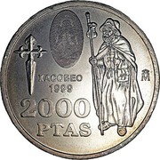 Spain 2000 Pesetas Xacobeo 1999 KM# 1011 XACOBEO 1999 2000 PTAS coin reverse Spain 2000 Pesetas Xacobeo 1999 KM# 1011 XACOBEO 1999 2000 PTAS coin reverse