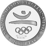 Spain 2000 Pesetas Barcelona Olympics 1990 (1992) Proof. Uncirculated strikes have medallic die alignment and edges with reeded and plain sections; Proof strikes have coin die alignment and reeded edges KM# 860 XXV OLIMPIADA BARCELONA 1992 2000 PTAS M coin reverse Spain 2000 Pesetas Barcelona Olympics 1990 (1992) Proof. Uncirculated strikes have medallic die alignment and edges with reeded and plain sections; Proof strikes have coin die alignment and reeded edges KM# 860 XXV OLIMPIADA BARCELONA 1992 2000 PTAS M coin reverse