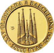 Spain 20000 Pesetas Sagrada Familia 1990 Proof. Uncirculated strikes have medallic die alignment and edges with reeded and plain sections; Proof strikes have coin die alignment and reeded edges KM# 875 XXV OLIMPIADA M BARCELONA 92 20000 PESETAS coin reverse Spain 20000 Pesetas Sagrada Familia 1990 Proof. Uncirculated strikes have medallic die alignment and edges with reeded and plain sections; Proof strikes have coin die alignment and reeded edges KM# 875 XXV OLIMPIADA M BARCELONA 92 20000 PESETAS coin reverse