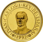 Spain 20000 Pesetas Screw press 1992 Proof KM# 1003 JVAN CARLOS I REY DE ESPAÑA 1992 coin obverse Spain 20000 Pesetas Screw press 1992 Proof KM# 1003 JVAN CARLOS I REY DE ESPAÑA 1992 coin obverse