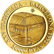 Spain 20000 Pesetas Palau Sant Jordi Arena 1992 Proof. Uncirculated strikes have medallic die alignment and edges with reeded and plain sections; Proof strikes have coin die alignment and reeded edges KM# 916 XXV OLIMPIADA M BARCELONA 1992 20000 PTAS coin reverse Spain 20000 Pesetas Palau Sant Jordi Arena 1992 Proof. Uncirculated strikes have medallic die alignment and edges with reeded and plain sections; Proof strikes have coin die alignment and reeded edges KM# 916 XXV OLIMPIADA M BARCELONA 1992 20000 PTAS coin reverse