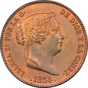 Spain 25 Centimos Isabel II 1854 KM# 615.2 ISABEL 2A. POR LA G DE DIOS Y LA CONST L. M. 1854 coin obverse Spain 25 Centimos Isabel II 1854 KM# 615.2 ISABEL 2A. POR LA G DE DIOS Y LA CONST L. M. 1854 coin obverse