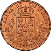 Spain 25 Centimos Isabel II 1854 KM# 615.2 REINA DE LAS ESPAÑAS UN CLLO. 25 CENT. DE REAL coin reverse Spain 25 Centimos Isabel II 1854 KM# 615.2 REINA DE LAS ESPAÑAS UN CLLO. 25 CENT. DE REAL coin reverse