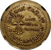 Spain 25 Cts Puebla De Cazalla (1936) KM# 2 PUEBLA DE CAZALLA AÑO DE LA VICTORIA CURSO INTERIOR coin obverse Spain 25 Cts Puebla De Cazalla (1936) KM# 2 PUEBLA DE CAZALLA AÑO DE LA VICTORIA CURSO INTERIOR coin obverse