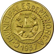 Spain 25 Centimos Menorca 1937 KM# 3 C.MUNICIPALES DE MENORCA 1937 coin obverse Spain 25 Centimos Menorca 1937 KM# 3 C.MUNICIPALES DE MENORCA 1937 coin obverse