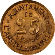 Spain 25 Centims Ametlla del Valles (1937) KM# 1 AJUNTAMENT DE L'AMETLLA DEL VALLÉS 25 CÉNTIMS coin obverse Spain 25 Centims Ametlla del Valles (1937) KM# 1 AJUNTAMENT DE L'AMETLLA DEL VALLÉS 25 CÉNTIMS coin obverse