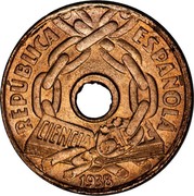Spain 25 Cts 1938 KM# 757 Republic (1931 - 1939) 25 CTS coin reverse Spain 25 Cts 1938 KM# 757 Republic (1931 - 1939) 25 CTS coin reverse