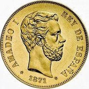 Spain 25 Pesetas Amadeo I 1871(75) SD-M KM# 667 AMADEO I REY DE ESPAÑA L M 1871 coin obverse Spain 25 Pesetas Amadeo I 1871(75) SD-M KM# 667 AMADEO I REY DE ESPAÑA L M 1871 coin obverse