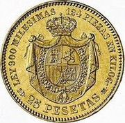 Spain 25 Pesetas Amadeo I 1871(75) SD-M KM# 667 LEY 900 MILESIMAS 124 PIEZAS EN KILOG S D 25 PESETAS M coin reverse Spain 25 Pesetas Amadeo I 1871(75) SD-M KM# 667 LEY 900 MILESIMAS 124 PIEZAS EN KILOG S D 25 PESETAS M coin reverse