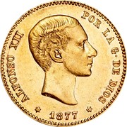 Spain 25 Pesetas Alfonso XII 1877 (77) DE-M KM# 673 ALFONSO XII POR LA G. DE DIOS 1877 coin obverse Spain 25 Pesetas Alfonso XII 1877 (77) DE-M KM# 673 ALFONSO XII POR LA G. DE DIOS 1877 coin obverse