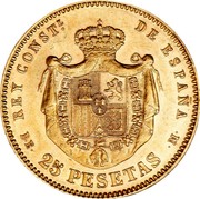 Spain 25 Pesetas Alfonso XII 1877 (77) DE-M KM# 673 REY CONSTL. DE ESPAÑA D E 25 PESETAS M coin reverse Spain 25 Pesetas Alfonso XII 1877 (77) DE-M KM# 673 REY CONSTL. DE ESPAÑA D E 25 PESETAS M coin reverse