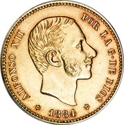 Spain 25 Pesetas Alfonso XII 1884 (84) MS-M KM# 687 ALFONSO XII POR LA G DE DIOS 1884 coin obverse Spain 25 Pesetas Alfonso XII 1884 (84) MS-M KM# 687 ALFONSO XII POR LA G DE DIOS 1884 coin obverse