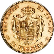 Spain 25 Pesetas Alfonso XII 1884 (84) MS-M KM# 687 REY CONSTL DE ESPAÑA M S 25 PESETAS M coin reverse Spain 25 Pesetas Alfonso XII 1884 (84) MS-M KM# 687 REY CONSTL DE ESPAÑA M S 25 PESETAS M coin reverse