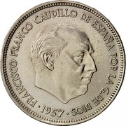 Spain 25 Pesetas Francisco Franco 1957 (58) KM# 787 FRANCISCO FRANCO CAUDILLO DE ESPAÑA POR LA G.DE DIOS 1957 coin obverse Spain 25 Pesetas Francisco Franco 1957 (58) KM# 787 FRANCISCO FRANCO CAUDILLO DE ESPAÑA POR LA G.DE DIOS 1957 coin obverse