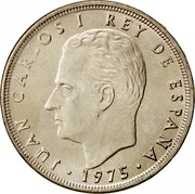 Spain 25 Pesetas Juan Carlos I 1975 (76) Proof KM# 808 JUAN CARLOS I REY DE ESPAÑA 1975 coin obverse Spain 25 Pesetas Juan Carlos I 1975 (76) Proof KM# 808 JUAN CARLOS I REY DE ESPAÑA 1975 coin obverse