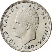 Spain 25 Pesetas FIFA World Cup of Spain 1980 (80) Proof KM# 818 JUAN CARLOS I REY DE ESPAÑA 1980 coin obverse Spain 25 Pesetas FIFA World Cup of Spain 1980 (80) Proof KM# 818 JUAN CARLOS I REY DE ESPAÑA 1980 coin obverse