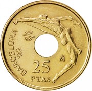 Spain 25 Pesetas Summer Olympics - Discus Thrower 1990 KM# 851 BARCELONA '92 M 25 PTAS coin reverse