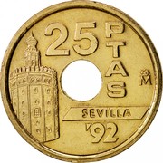 Spain 25 Pesetas Sevilla - La Torre del Oro 1992 KM# 905 25 PTAS M SEVILLA '92 coin reverse