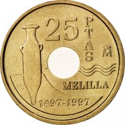 Spain 25 Pesetas Melilla 1997 KM# 983 25 PTAS M MELILLA 1497-1997 coin reverse Spain 25 Pesetas Melilla 1997 KM# 983 25 PTAS M MELILLA 1497-1997 coin reverse