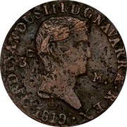 Spain 3 Maravedis 1819 KM# 124 Province Navarre Standart Coinage 3 M FERDINANDUS III D G NAVARRAE REX 1819 coin obverse Spain 3 Maravedis 1819 KM# 124 Province Navarre Standart Coinage 3 M FERDINANDUS III D G NAVARRAE REX 1819 coin obverse