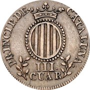 Spain III Cuar 1836 CATALUNA KM# 125 Province Catalonia French Occupation PRINCIP DE CATALUÑA III CUAR coin reverse Spain III Cuar 1836 CATALUNA KM# 125 Province Catalonia French Occupation PRINCIP DE CATALUÑA III CUAR coin reverse