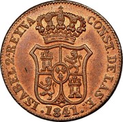 Spain 3 Cuar Catalonia 1841 KM# 126 ISABEL 2ª REYNA CONST DE LAS E 1841 coin obverse Spain 3 Cuar Catalonia 1841 KM# 126 ISABEL 2ª REYNA CONST DE LAS E 1841 coin obverse