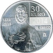 Spain 30 Euro 400th Anniversary of Death of El Greco 2014 KM# 1307 30 EURO EL GRECO M 1614 2014 coin reverse Spain 30 Euro 400th Anniversary of Death of El Greco 2014 KM# 1307 30 EURO EL GRECO M 1614 2014 coin reverse