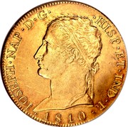 Spain 320 Rs Joseph Napolean 1810 AI KM# 545 HISP ET IND R 1810 IOSEPH NAP D G coin obverse Spain 320 Rs Joseph Napolean 1810 AI KM# 545 HISP ET IND R 1810 IOSEPH NAP D G coin obverse