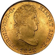 Spain 4 S Ferdinand VII 1818 GJ KM# 484 HISP ET IND R FERDIN VI D G 1820 coin obverse Spain 4 S Ferdinand VII 1818 GJ KM# 484 HISP ET IND R FERDIN VI D G 1820 coin obverse