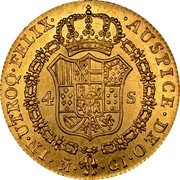 Spain 4 S Ferdinand VII 1818 GJ KM# 484 IN UTROQ FELIX AUSPICE DEO M G I 4 S coin reverse Spain 4 S Ferdinand VII 1818 GJ KM# 484 IN UTROQ FELIX AUSPICE DEO M G I 4 S coin reverse