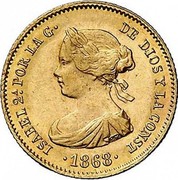 Spain 4 Escudos Isabel II 1868 (68) KM# 631.1 ISABEL 2A. POR LA G DE DIOS Y LA CONST 1868 coin obverse Spain 4 Escudos Isabel II 1868 (68) KM# 631.1 ISABEL 2A. POR LA G DE DIOS Y LA CONST 1868 coin obverse