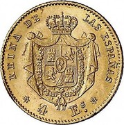 Spain 4 Escudos Isabel II 1868 (68) KM# 631.1 4 ES REINA DE LAS ESPAÑAS coin reverse Spain 4 Escudos Isabel II 1868 (68) KM# 631.1 4 ES REINA DE LAS ESPAÑAS coin reverse