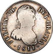 Spain 4 Reales Ferdinand VII 1811 C SF KM# 465 FERDIN VII DEI GRATIA 1811 coin obverse Spain 4 Reales Ferdinand VII 1811 C SF KM# 465 FERDIN VII DEI GRATIA 1811 coin obverse