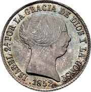 Spain 4 Reales 1852 KM# 600.2 Kingdom Decimal Coinage ISABEL 2A POR LA GRACIA DE DIOS Y LA CONST 1852 coin obverse Spain 4 Reales 1852 KM# 600.2 Kingdom Decimal Coinage ISABEL 2A POR LA GRACIA DE DIOS Y LA CONST 1852 coin obverse