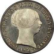 Spain 4 Reales Isabel II 1852 KM# 600.1 ISABEL 2A POR LA G DE DIOS Y LA CONST. 1852 coin obverse Spain 4 Reales Isabel II 1852 KM# 600.1 ISABEL 2A POR LA G DE DIOS Y LA CONST. 1852 coin obverse