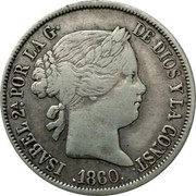 Spain 4 Reales Isabel II 1860 KM# 608.1 ISABEL 2A POR LA GRACIA DE DIOS Y LA CONST 1860 coin obverse Spain 4 Reales Isabel II 1860 KM# 608.1 ISABEL 2A POR LA GRACIA DE DIOS Y LA CONST 1860 coin obverse