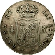 Spain 4 Reales Isabel II 1860 KM# 608.1 REINA DE LAS ESPAÑAS 4RS coin reverse Spain 4 Reales Isabel II 1860 KM# 608.1 REINA DE LAS ESPAÑAS 4RS coin reverse