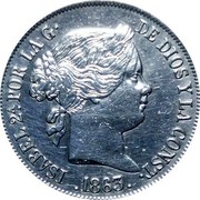 Spain 4 Reales Isabel II 1863 KM# 608.2 ISABEL 2A POR LA GRACIA DE DIOS Y LA CONST 1863 coin obverse Spain 4 Reales Isabel II 1863 KM# 608.2 ISABEL 2A POR LA GRACIA DE DIOS Y LA CONST 1863 coin obverse