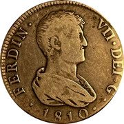 Spain 4 Reales Ferdinand VII 1810 SG KM# 453.2 FERDIN VII DEI G 1811 coin obverse Spain 4 Reales Ferdinand VII 1810 SG KM# 453.2 FERDIN VII DEI G 1811 coin obverse